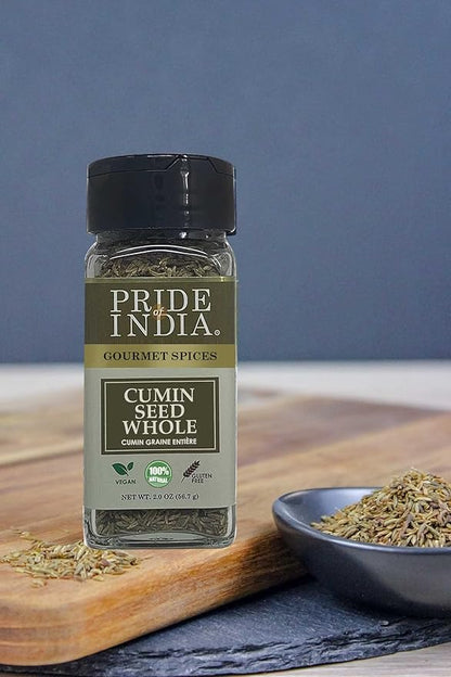 Pride of India – Cumin Seed Whole – Gourmet Indian Spice – Excellent for Culinary Uses – Fresh and Quality Seeds – Adds Flavor & Aroma – Easy to Use – 2 oz. Small Dual Sifter Bottle