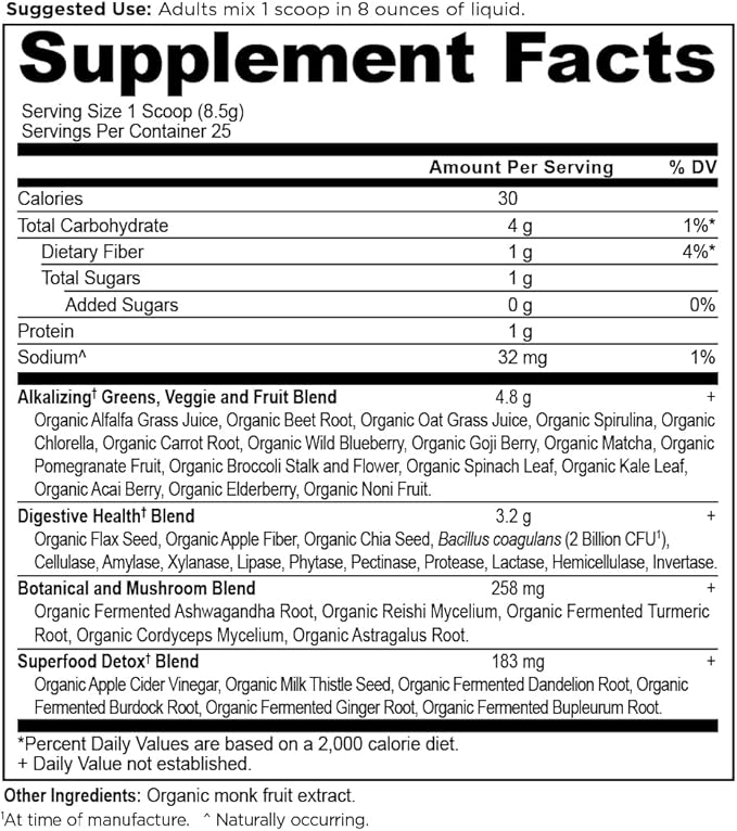 Supergreens Alkalize & Detox Powder by Ancient Nutrition, Organic Superfood Powder Made from Real Fruits, Vegetables and Herbs, for Digestive and Energy Support, 25 Servings, 7.5oz