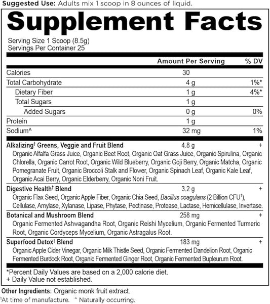 Supergreens Alkalize & Detox Powder by Ancient Nutrition, Organic Superfood Powder Made from Real Fruits, Vegetables and Herbs, for Digestive and Energy Support, 25 Servings, 7.5oz