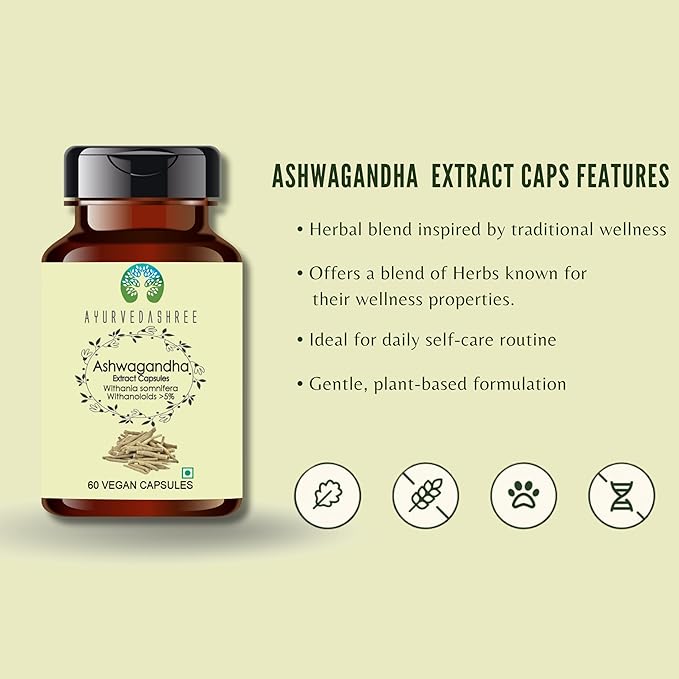 Ashwagandha Root Extract 500mg - 60 Vegetarian Capsules | Withania Somnifera Withanoloids | All Natural | 100% Vegan | Gluten-Free | GMP Certified