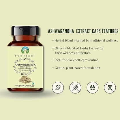 Ashwagandha Root Extract 500mg - 60 Vegetarian Capsules | Withania Somnifera Withanoloids | All Natural | 100% Vegan | Gluten-Free | GMP Certified