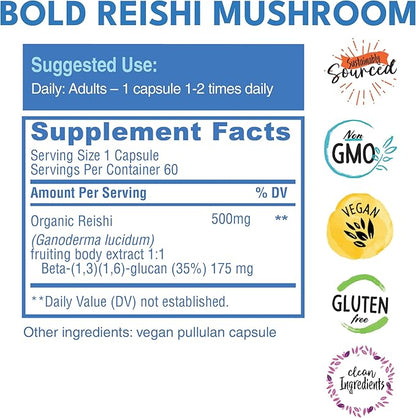 Reishi Mushroom Capsules - 100% Fruiting Body - Concentrated Organic Reishi Extract for Immune Support & Core Wellness - No Mycelia & No Grain - 60 Vegan Capsules