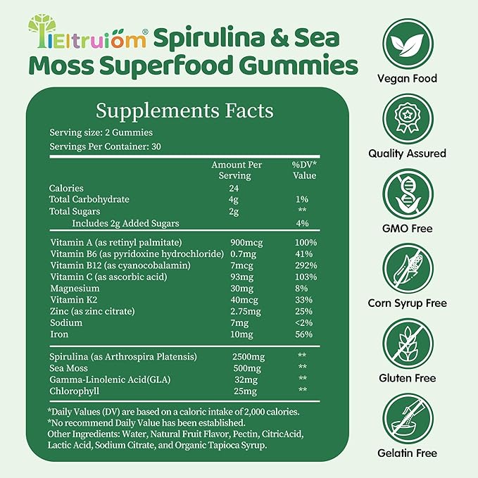 Spirulina Gummies, Organic Spirulina 2500mg Enhanced Daily Energy - Your Daily Super Greens with Sea Moss, Chlorophyll, GLA, Non-GMO, Gluten Free, 120 Vegan Gummies