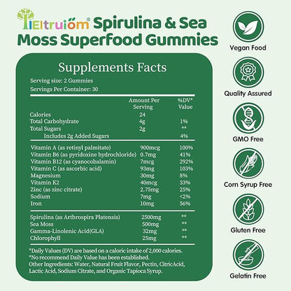 Spirulina Gummies, Organic Spirulina 2500mg Enhanced Daily Energy - Your Daily Super Greens with Sea Moss, Chlorophyll, GLA, Non-GMO, Gluten Free, 120 Vegan Gummies