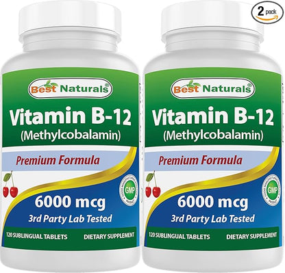 Best Naturals Vitamin B-12 as Methylcobalamin (Methyl B12), 6000 mcg 120 Sublingual Tablets (120 Count (Pack of 2))
