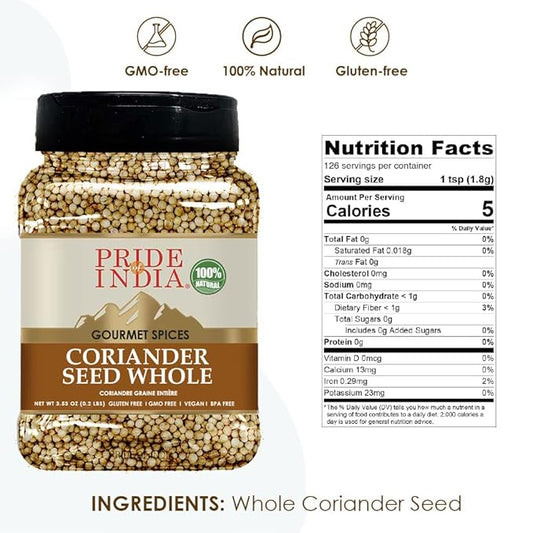 Pride of India – Coriander Seed Whole – Fresh & Gourmet Indian Whole Spice – Good for Curries/Meat/Chicken – Easy to Store – 4 oz. Medium Dual Sifter