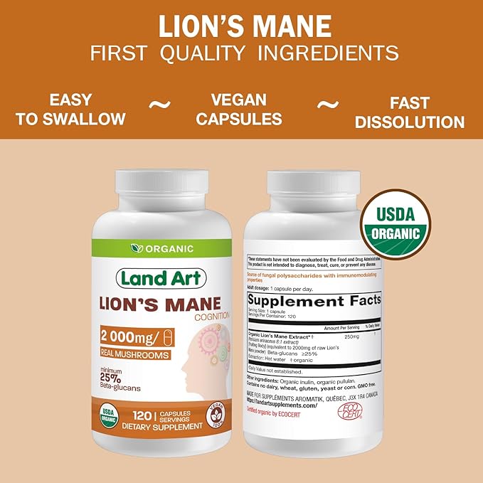 Land Art - Certified Organic Lion’s Mane – 2000mg – Memory, Focus & Mental Clarity – Nootropic Supplement for Cognitive Support – Multiple Extraction - Non-GMO - Vegan - Brain Health - 120 days supply
