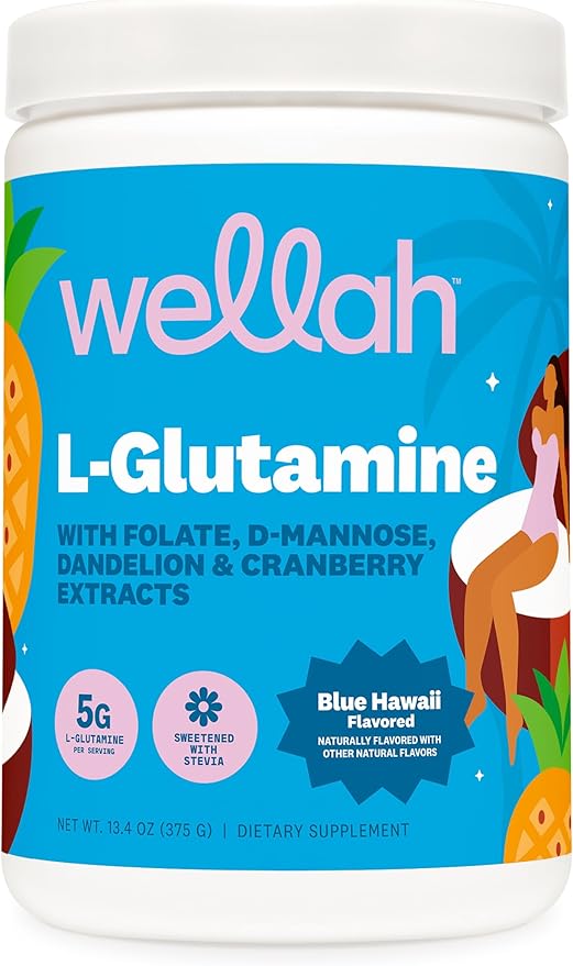 Wellah L-Glutamine Powder Blue Hawaii (50 Servings) - 5g L-Glutamine Per Serving, Sweetened with Stevia