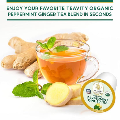 Organic Ginger Tea Pods for Keurig with Organic Peppermint Tea - Decaf Tea for K Cup Brewing Peppermint Ginger by Teavity (36 Tea Pods)