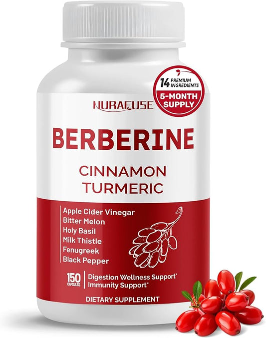 Berberine 14-in-1 Supplement with Ceylon Cinnamon Apple Cider Vinegar Turmeric Bitter Melon Holy Basil Milk Thistle Fenugreek Gymnema Banaba - Made in The USA