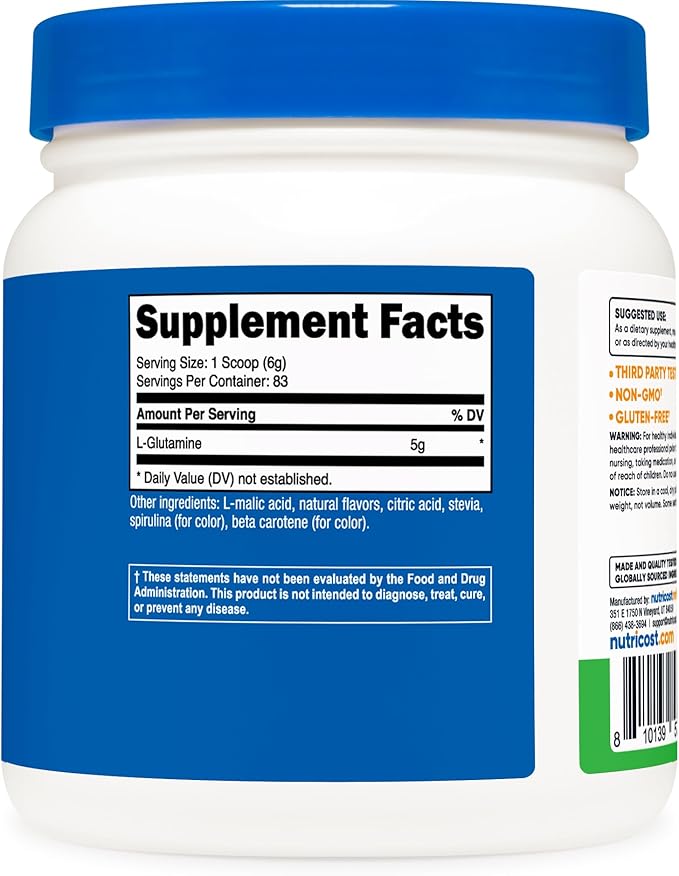 Nutricost L-Glutamine Powder Supplement (Green Apple) 500g - Gut Support, 5 Grams per Serving, Sweetened with Stevia - Gluten Free, Non GMO