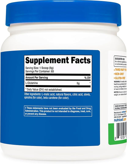Nutricost L-Glutamine Powder Supplement (Green Apple) 500g - Gut Support, 5 Grams per Serving, Sweetened with Stevia - Gluten Free, Non GMO