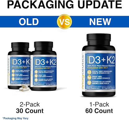 Vitamin D3 K2 with MCT, 5000 IU Vegan D3 & 100 mcg MK7 K2, Support Strong Bones and Immune Health - 60 Capsules (60 Days Supply)