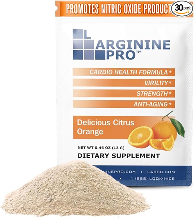 L-ARGININE PRO Supplement Powder | 30 Packets Single Serve Travel Size | 5,500mg of L-arginine Plus 1,100mg L-Citrulline, Orange