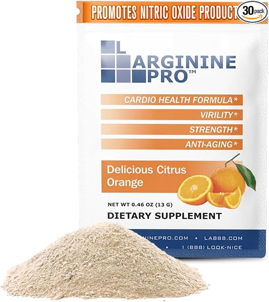 L-ARGININE PRO Supplement Powder | 30 Packets Single Serve Travel Size | 5,500mg of L-arginine Plus 1,100mg L-Citrulline, Orange