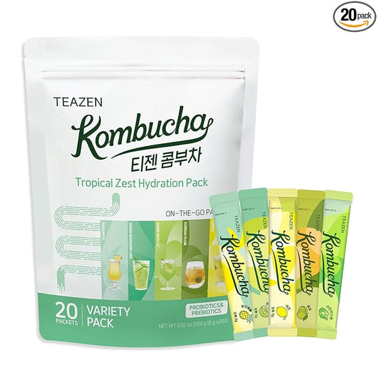 TEAZEN Kombucha Tea Tropical Zest Hydration Variety Pack - 20 Sticks, 5 Flavor (Lemon, Pineapple, Korean Plum, Shine Muscat, Green Mandarin-Lime)