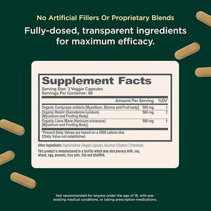 Genius Mushroom Supplement - Full-Spectrum Lion’s Mane, Cordyceps, Reishi -Daily Brain Nootropic for Energy, Focus, Memory & Overall Wellness - 90 Capsules – Organic for Mental Clarity & Performance