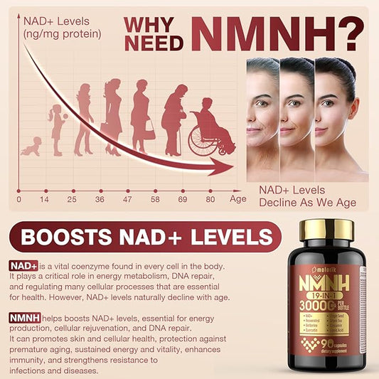19 in 1 NMNH (Dihydronicotinamide Mononucleotide) 1000mg Per Serving, NAD Supplement Boost NAD+, NAD Resveratrol Supplement with Quercetin, Berberine for Healthy Aging, Energy, 90 Capsule-2PACK