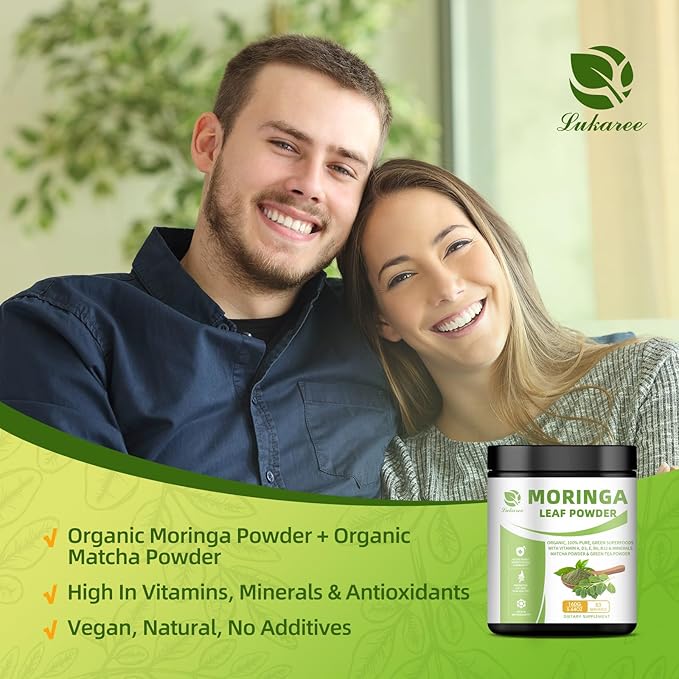 Organic Moringa Powder & Matcha Powder, Multi-Green Superfoods with Green Tea Resveratrol - Energy and Digestive Support, Rich in Antioxidants and Vitamin A D3 E B6 B12 Calcium, Non-GMO, Vegan, 5.6 oz
