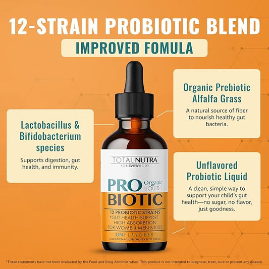 Liquid Probiotic for Women, Men, Kids, Toddler Probiotic: USDA Organic Probiotics, Vegan Probiotic Liquid & Alfalfa Blend + Acidophilus for Gut Health, Dairy Gluten Sugar Free, Non-GMO Oral Probiotics