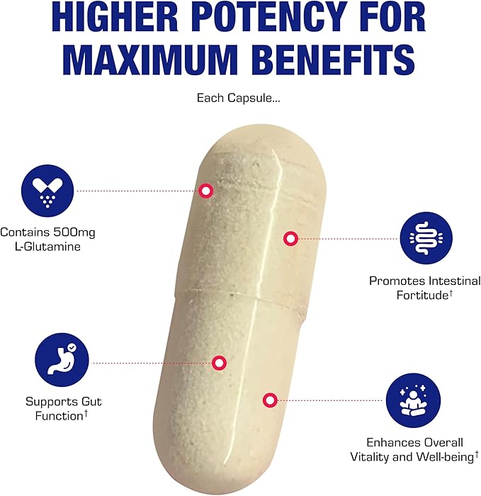 Free Form L-Glutamine Supplement - Clinical L Glutamine Capsules 500mg for Gut Health and Immune Support - Powerful Amino Acid Glutathione Precursor - Non-GMO & Made in The USA - 100 Servings