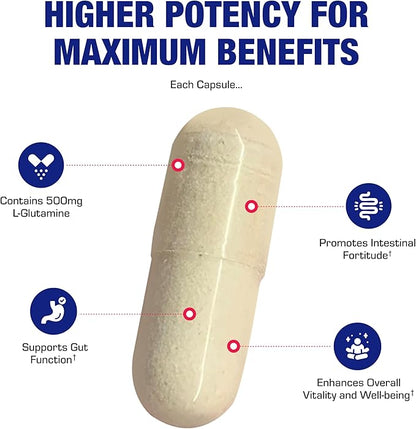Free Form L-Glutamine Supplement - Clinical L Glutamine Capsules 500mg for Gut Health and Immune Support - Powerful Amino Acid Glutathione Precursor - Non-GMO & Made in The USA - 100 Servings
