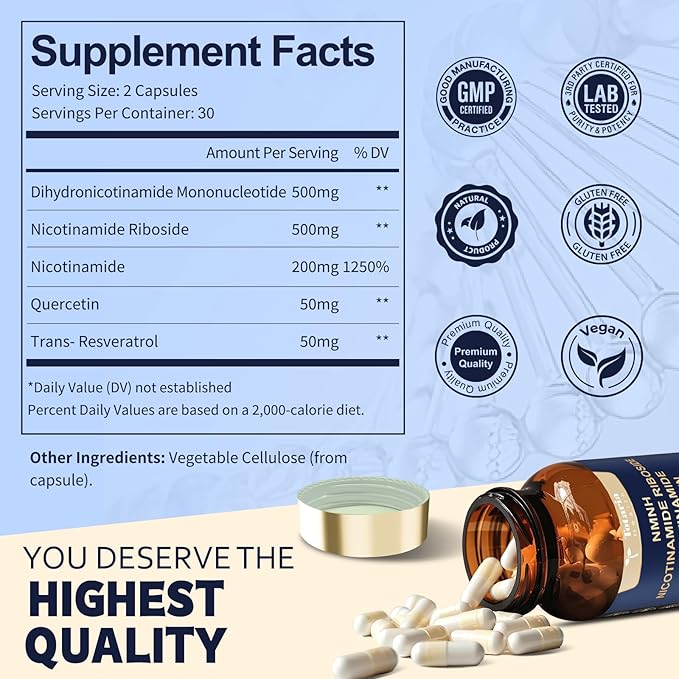 NMNH (NAD or NMN Alternative Supplement) (Dihydronicotinamide Mononucleotide) Ultra Strength, NAD+ Support w/NR, Resveratrol & Quercetin, Ultra Absorption for Anti-Aging, Vegan, USA Made
