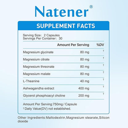 320mg Quad Magnesium & 200mg Alpha GPC & 440mg Ashwagandha + L-Theanine - Support Memory, Focus, Attention & Relaxation* | Magnesium Glycinate/Threonate/Citrate/Malate - 60 Capsules