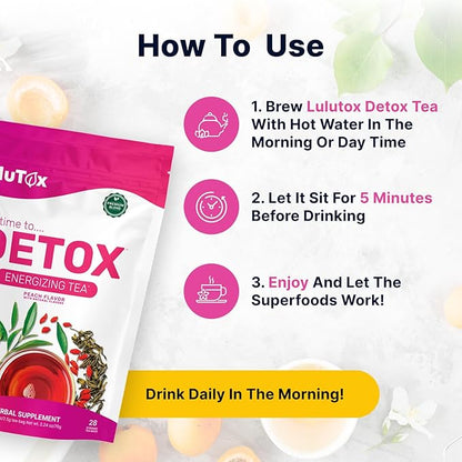 Detox Tea - Slimming Tea with Dandelion and Ginseng to Support Goals for Detox Cleanse, Flat Belly, Bloating, Healthy Weight and Digestive Health - Women & Men - Peach Flavor (28 Servings)