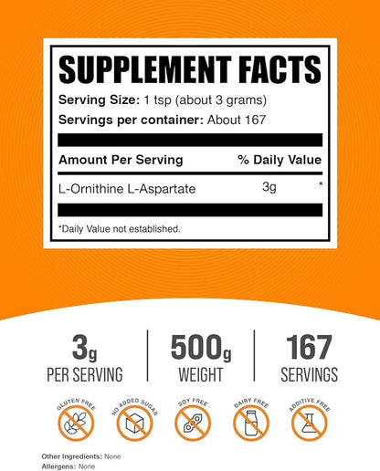 BulkSupplements.com L-Ornithine L-Aspartate Powder - Ornithine Supplement, Amino Acid Supplement - Gluten Free, 3g per Serving, 500g (1.1 lbs) (Pack of 1)