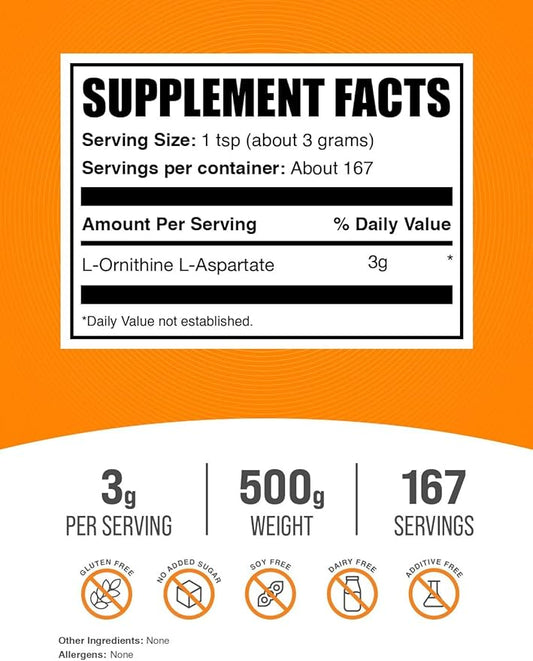 BulkSupplements.com L-Ornithine L-Aspartate Powder - Ornithine Supplement, Amino Acid Supplement - Gluten Free, 3g per Serving, 500g (1.1 lbs) (Pack of 1)