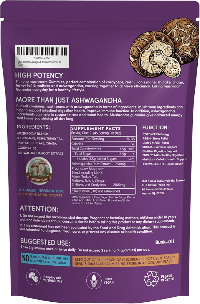 Ashwagandha Mushroom Gummies, Adaptogenic 7 Mushrooms Mix w/ashwagandha - Lion's Mane, Reishi, Chaga & Maitake - Ashwagandha Gummies for Energy, Cognitive & Immune Support, 90 Count