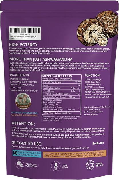 Ashwagandha Mushroom Gummies, Adaptogenic 7 Mushrooms Mix w/ashwagandha - Lion's Mane, Reishi, Chaga & Maitake - Ashwagandha Gummies for Energy, Cognitive & Immune Support, 90 Count