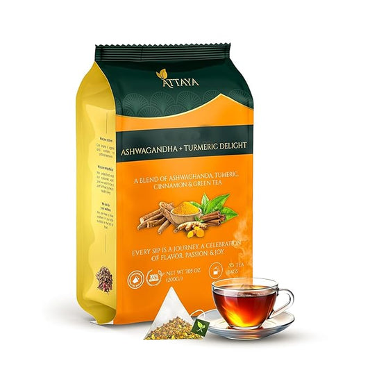 Attaya Ashwagandha Tea Bags - Ashwangandha + Turmeric Delight Tea - 35 Tea Bags -100% Herbal blend of Ashwagandha, Turmeric, Cinnamon, and Green Tea, 2.47 oz (70g)