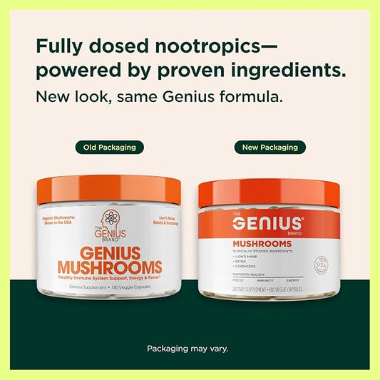 Genius Mushroom Supplement - Full-Spectrum Lion’s Mane, Cordyceps, Reishi -Daily Brain Nootropic for Energy, Focus, Memory & Overall Wellness - 90 Capsules – Organic for Mental Clarity & Performance