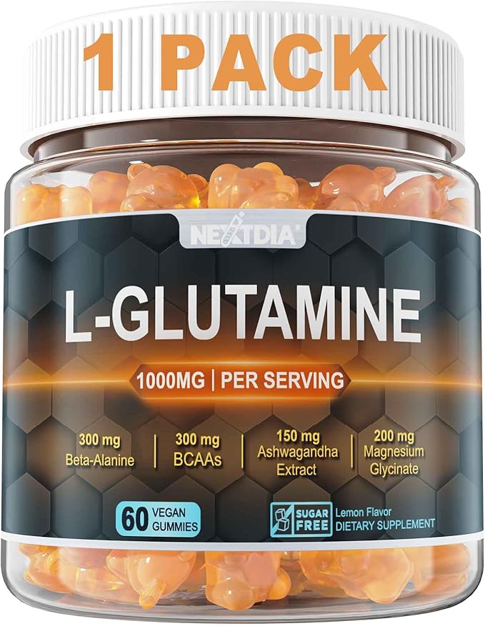 L-Glutamine 1000mg Gummies for Women & Men| with Beta-Alanine, BCAAs, Magnesium Glycinate, Potassium & Ashwagandha | Vegan | Sugar-Free & Extra-Chewy | 60 Counts