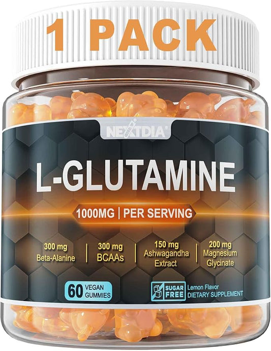 L-Glutamine 1000mg Gummies for Women & Men| with Beta-Alanine, BCAAs, Magnesium Glycinate, Potassium & Ashwagandha | Vegan | Sugar-Free & Extra-Chewy | 60 Counts