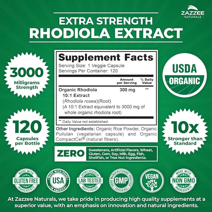 Zazzee USDA Organic Rhodiola 10:1 Exract, 3000 mg Strength, 120 Capsules, 4 Month Supply, Standardized and Concentrated 10X Extract, 100% Vegetarian, Extra Strength, All-Natural and Non-GMO