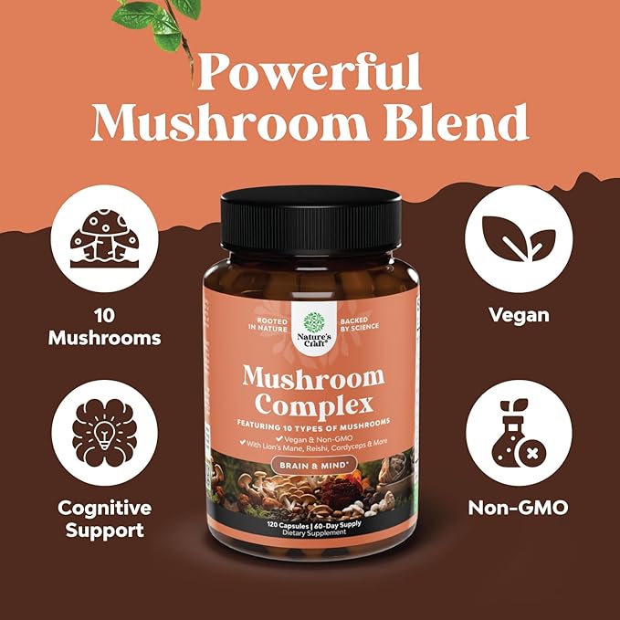 Advanced Mushroom Complex Capsules - 10X Lions Mane Supplement Capsules with Reishi, Chaga, Maitake & Shiitake for Brain Health, Memory Support & Focus - Nootropic for Mental Clarity - 30 Caps