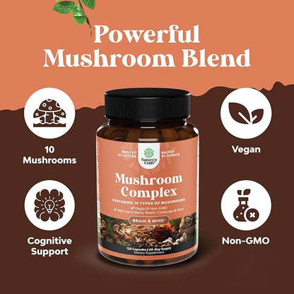 Advanced Mushroom Complex Capsules - 10X Lions Mane Supplement Capsules with Reishi, Chaga, Maitake & Shiitake for Brain Health, Memory Support & Focus - Nootropic for Mental Clarity - 30 Caps