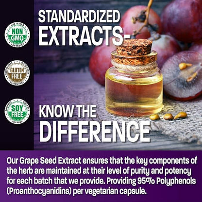 Bronson Grape Seed Extract 400 mg - Antioxidant & Immune Support - Standardized Extract with 95% Proanthocyanidins- Non GMO, 180 Vegetarian Capsules