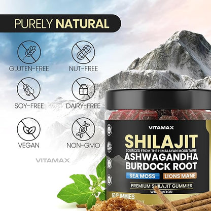 Organic Shilajit Gummies, Sea Moss, Ashwagandha, 105+ Trace Minerals – Organic Burdock Root & Lions Mane Mushroom – Watermelon Flavor - Vegan & Non-GMO – Made in USA – 60ct