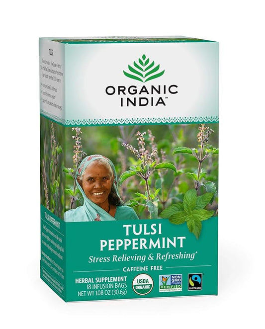 Organic India Tulsi Peppermint Herbal Tea - Holy Basil, Stress Relieving & Refreshing, Immune Support, Aids Digestion, USDA Certified Organic, Fairtrade, Caffeine-Free - 18 Infusion Bags, 1 Pack