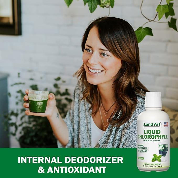 Land Art - Liquid Chlorophyll Mint – Cold-Extracted from Wild Non-GMO Alfalfa – Natural Clorofila Liquida – Antioxidant - Detox Supplement – Boost Energy – Alkalizing & Body Odor Neutralizer – 16 floz