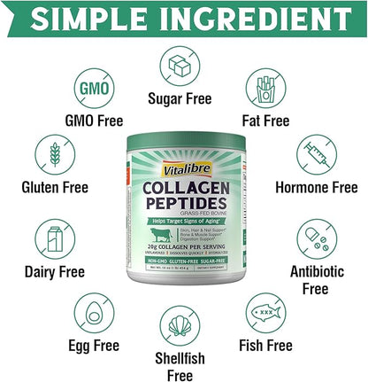 Bovine Collagen Peptides Powder for Women and Men, Grass-Fed Hydrolyzed Collagen Protein Type I & III, Skin, Hair, Nails, Bones, Digestion, Unflavored, Non-GMO, Keto & GF, 22 Servings, 16oz
