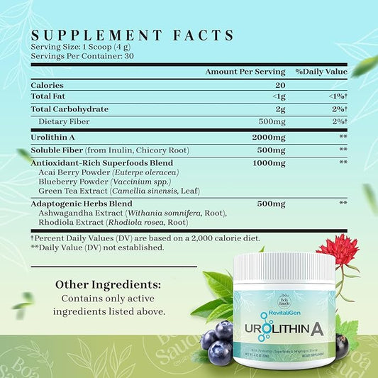 Urolithin A 2000mg Powder Supplement with Superfoods, Adaptogen Blend & Prebiotics – 4.23 OZ