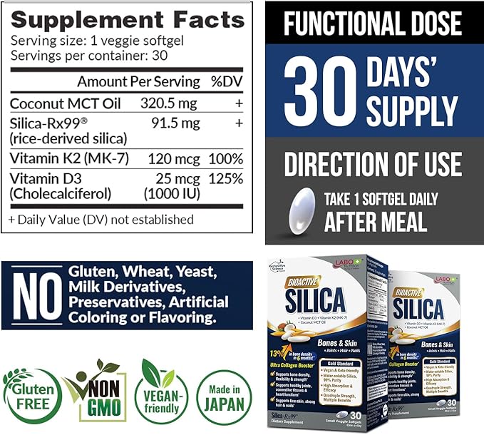 LABO Nutrition Bioactive Silica | Vegan Support for Strong Joint, Bones & Healthy Collagen Production, Glowing Skin, Strong Hair & Nails | 99% Purity Rice-Derived Silica Supplement, 30 Vegan Softgel