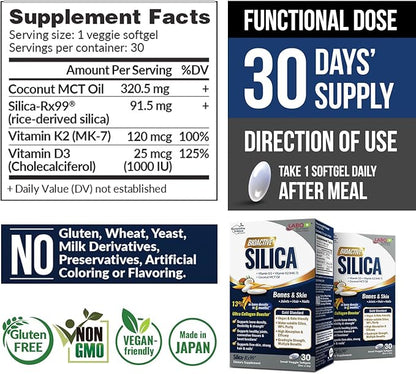 LABO Nutrition Bioactive Silica | Vegan Support for Strong Joint, Bones & Healthy Collagen Production, Glowing Skin, Strong Hair & Nails | 99% Purity Rice-Derived Silica Supplement, 30 Vegan Softgel