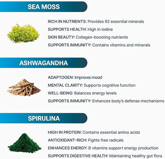 Sea Moss with Spirulina and Ashwagandha Blend Capsules, Mood, Immune Support & Stress Relief, Micro Ingredients & Antioxidants Source — Non-GMO, Vegan Superfood Supplement, 90 Count