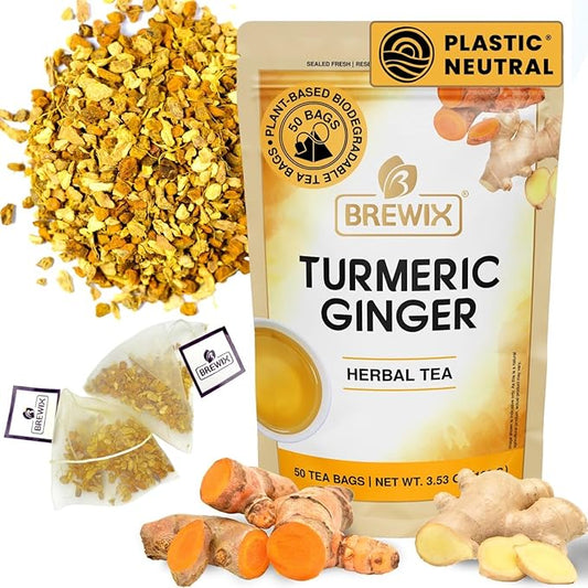 BREWIX, Turmeric Ginger Herbal Tea Bags (50 Pyramid Tea Bags) Immune Support | Naturally Caffeine Free, Gluten Free | Ayurvedic | Real Ingredients From India